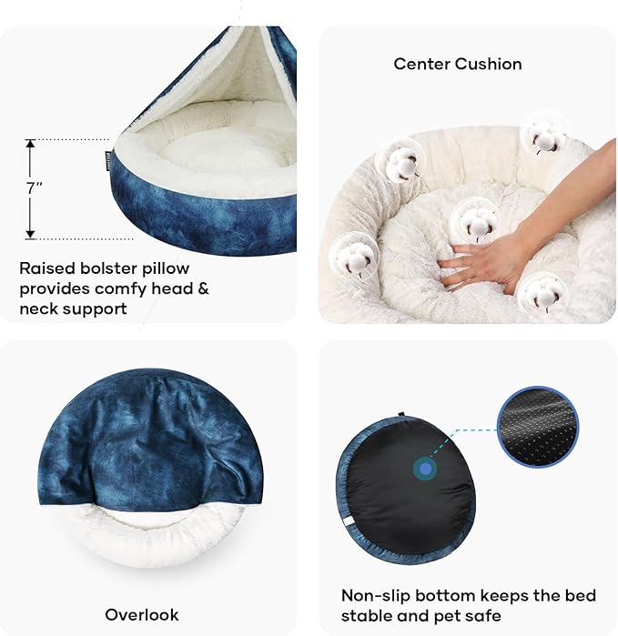 Cozy Soft Dog Bed with Hooded Blanket Warm Calming Cat Cave for Small Medium Dogs and Cats, Non-Slip Bottom & Machine Washable Pet Beds, Navy Blue 26x26x7″