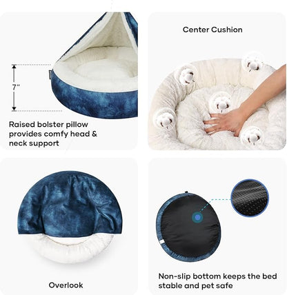 Cozy Soft Dog Bed with Hooded Blanket Warm Calming Cat Cave for Small Medium Dogs and Cats, Non-Slip Bottom & Machine Washable Pet Beds, Navy Blue 26x26x7″