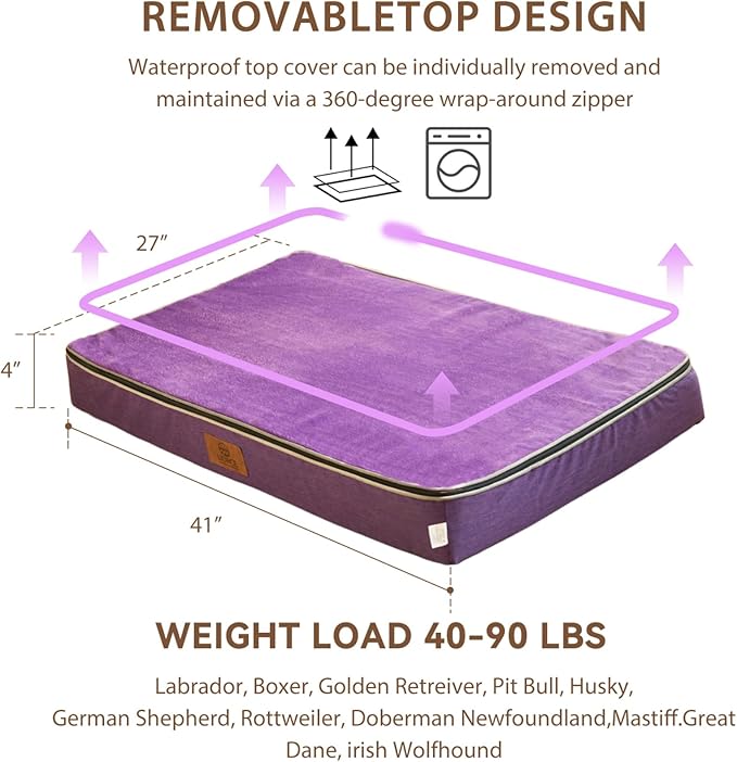 LIORCE Memory Foam XL Dog Bed - 4” Thick Orthopedic Beds for Extra Large Dogs - Waterproof Dog Bed with Removable Washable Cover & Wrap-Around Zipper - Ultimate Comfort and Easy Maintenance, Purple
