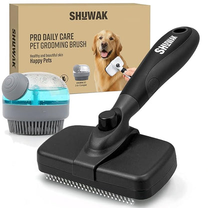 Grooming Duo, 2-in-1 Pet Brush Set with Retractable Self-Cleaning Brush and Silicone Bath Brush for Dogs and Cats (BLACK)