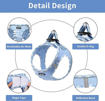 AMTOR Small Dog Harness with Leash Set, No Escape Easy Walk Puppy Harnesses for Training Walking, Step-in Reflective Soft Dogs Vest for XS S Medium Extra-Small Large Sized Dog(L Size,Blue/White)