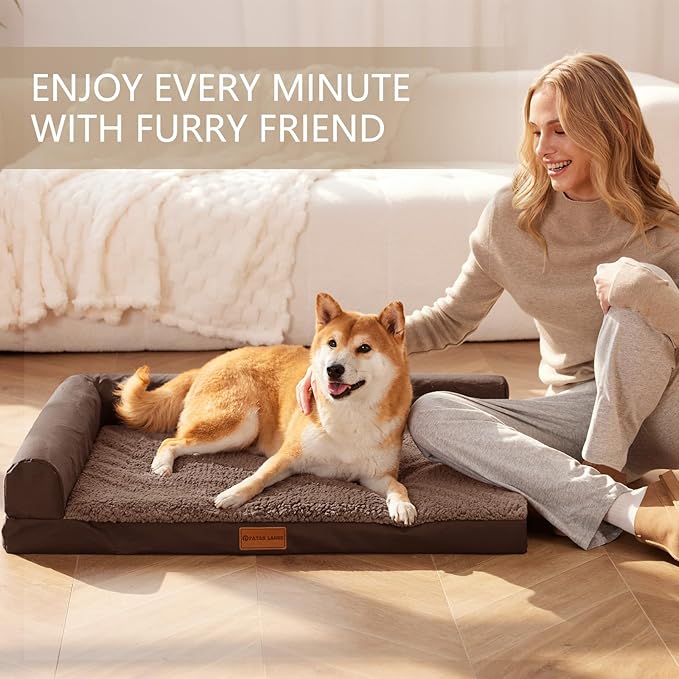 Patas Lague Orthopedic Dog Bed Large Sized Dog 36''X24'', Waterproof L Bolster Medium Pet Sofa Beds with Removable Washable Cover, Soft Comfortable Pet Couch Crate Mat with Nonskid Bottom, Brown