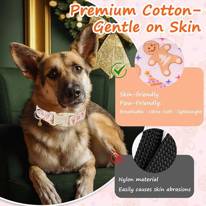 Christmas Dog Collar for Small Dogs, Adjustable Pink Small Dog Collars with Christmas Gingerbread Man Cartoon Pattern, Winter Holiday Pet Gift for Girl Boy Dogs-S
