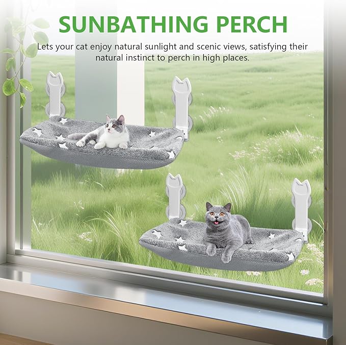 2 Pack Cat Window Perch, Glow in The Dark Foldable Cat Window Hammock with Sunken Design, Removable Soft Cover, Breathable Cordless Window Bed for Cats Inside Holds up to 40lbs (Star Grey, M)