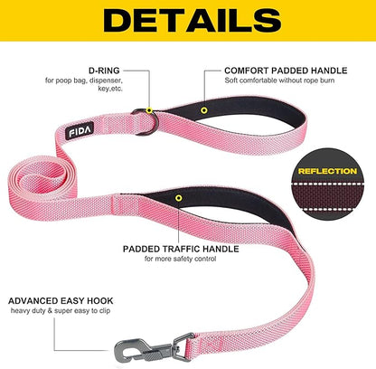 Fida 4 FT Heavy Duty Dog Leash with 2 Comfortable Padded Handles, Traffic Handle & Advanced Easy Snap Hook, Reflective Walking Lead for Large, Medium & Small Breed Dogs, Pink