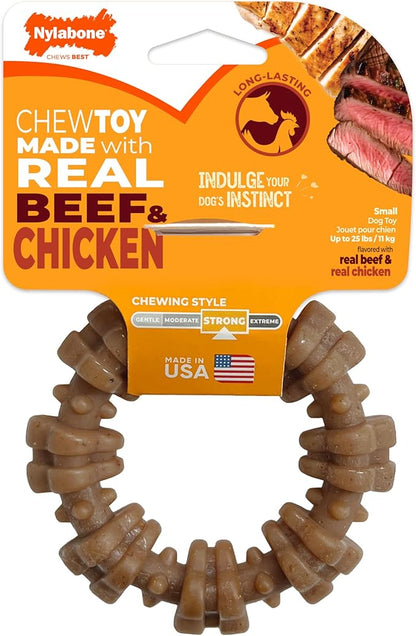 Nylabone Textured Ring Strong Chew Toy for Dogs Made with Real Beef & Chicken, Durable Dog Chew Bones for Aggressive Chewers, Keeps Dogs Busy, Small Dog Toys - Up to 25 lbs, 1 Count