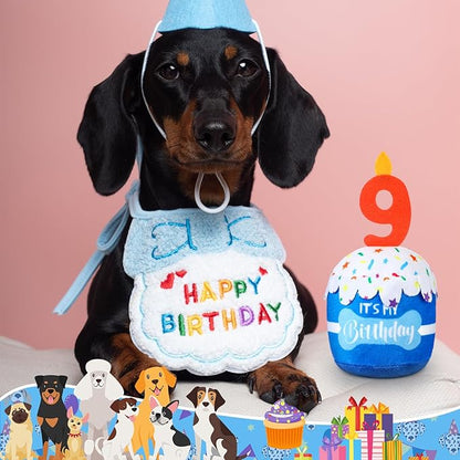 Dog Birthday Cake Toy Accessories for Girl Boy Gifts, Squeaky Plush Toy for Dog Birthday Party Decor Favor for Large, Medium and Small Dogs(9th,Blue)