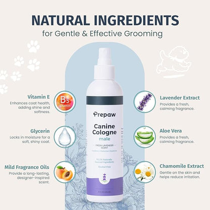 Prepaw Luxury Male Pet Cologne - Fresh Lavender Scent, 3-in-1 Formula Conditions & Moisturizes, Made with 94% Natural Ingredients, Long Lasting Fragrance, Safe & Easy to Use | 8 fl oz