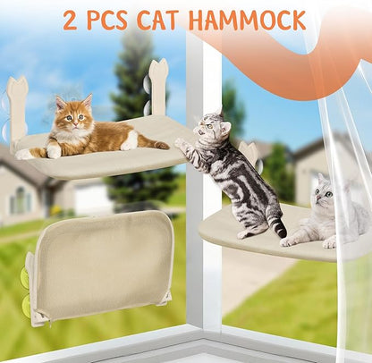 2 Pack Cat Window Perch,Cat Window Hammock Cordless Foldable Window Bed with 4 Large Strong Suction Cup,Reversible Cushion Cover,Metal Frame Easy to Adjust Window Seat Holds up to 40lbs(Beige，M