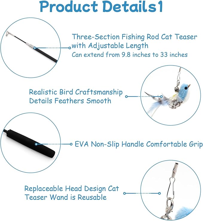 Goosheep 8 Pack Cat Wand Toy Cats Toy (2 Solid Wood Teases+1 Extendable Teaser Wand with 5 Replacement Heads