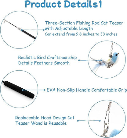 Goosheep 8 Pack Cat Wand Toy Cats Toy (2 Solid Wood Teases+1 Extendable Teaser Wand with 5 Replacement Heads