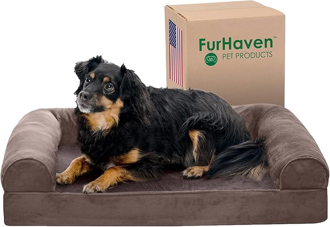 Furhaven Orthopedic Dog Bed for Medium/Small Dogs w/ Removable Bolsters & Washable Cover, For Dogs Up to 35 lbs - Faux Fur & Velvet Sofa - Driftwood Brown, Medium