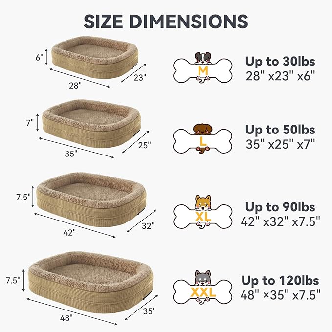 JOEJOY Orthopedic Dog Bed for Medium Dogs, Egg-Crate Memory Foam Pet Bed with Bolster Sides, Waterproof Lining, Removable Washable Cover & Non-Slip Bottom, Light Brown