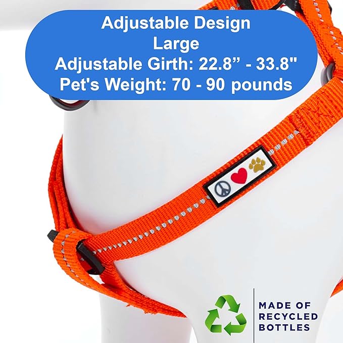 Pawtitas Recycled Reflective Step-in Dog Harness – Adjustable No-Pull Vest for Puppies to Seniors, Safe & Comfortable L Orange