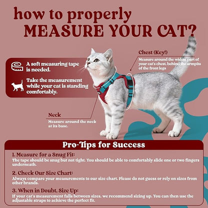 rabbitgoo Cat Harness and Leash for Walking, Escape Proof Soft Adjustable Vest Harnesses for Cats, Easy Control Breathable Reflective Strips Jacket, Red & Teal, S