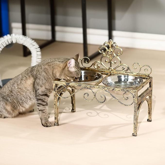Elevated Dog Bowls for Large Dogs, Metal Raised Dog Feeder, Lifted Dogs Dish Stand with Double Stainless Steel Bowls for Food and Water, Antique Gold Finish Tall Dog Bowl Stand - Height 8.78"