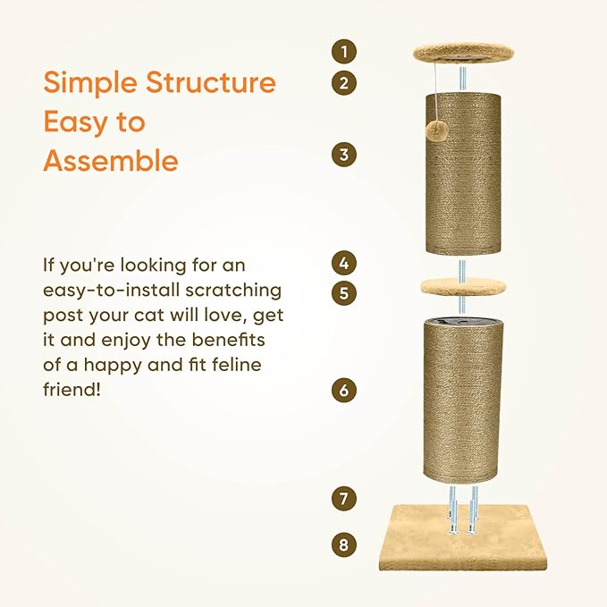 PAWSCRAT Cat Scratching Post 32 Inch High, 5.5 Inch Large Diameter Natural Sisal Cat Scratch Post, Scratch-Resistant and Durable Tall Cat Scratcher for Indoor Cats, Protect Your Furniture, Yellow
