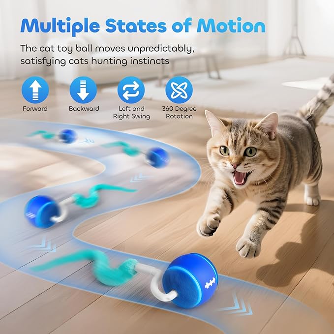 ddxcoo Automatic Interactive Cat Toy Ball for Indoor Cats, Carpet-Safe with Tangle-Free Tail, 3-Mode Touch Activated, Gen 3 High-Capacity 800mAh Battery (6-8H Play), Includes 2 Tails