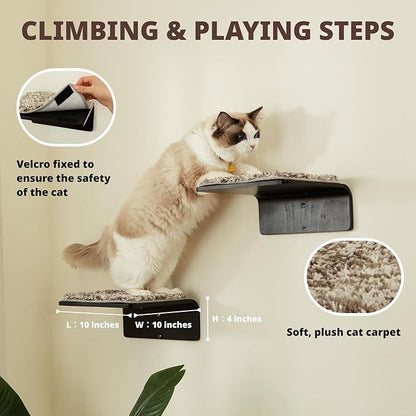 LIORCE 2 Set Cat Wall Steps - Wooden Cat Climbing Shelf for Wall - Cats Wall Stairs with Scratching Mat - Wall Mounted Cats Furniture for Jumping, Playing, and Lounging, Walnut