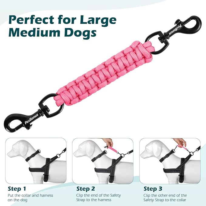 PetBonus Dog Collar Safety Clip, Handmade Backup Safety Strap for Dog Harness, Prong, Pinch Collar, Double Ended Clasp Leash Connector (Pink)