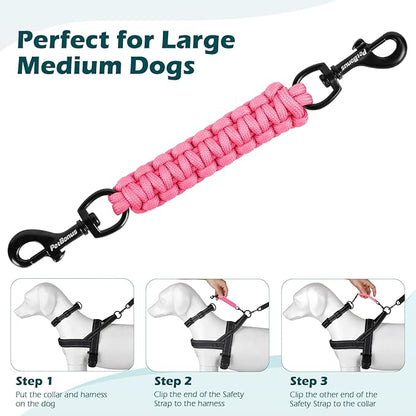 PetBonus Dog Collar Safety Clip, Handmade Backup Safety Strap for Dog Harness, Prong, Pinch Collar, Double Ended Clasp Leash Connector (Pink)