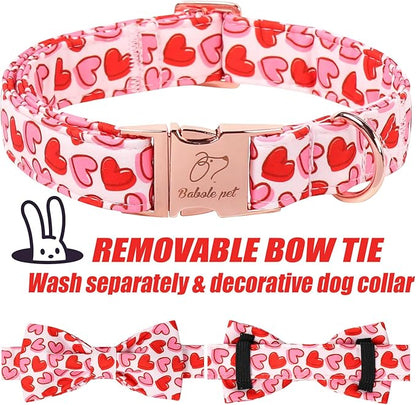 Valentines Dog Collar with Bow - Cute Red Pink Hearts Valentine Bowtie Dog Collars, Adjustable Metal Buckle Male Female Dogs Collar for Small Medium Large Dogs M