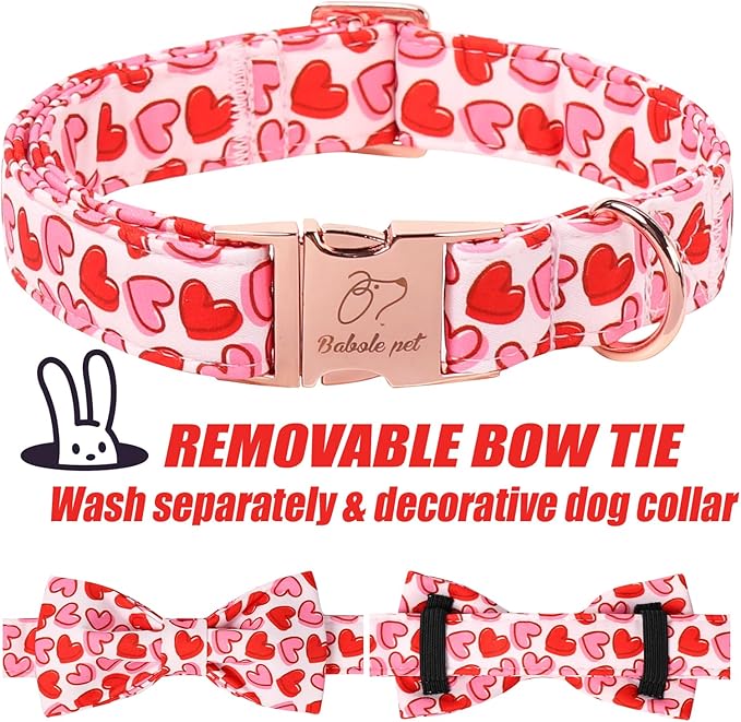 Valentines Dog Collar with Bow - Cute Red Pink Hearts Valentine Bowtie Dog Collars, Adjustable Metal Buckle Male Female Dogs Collar for Small Medium Large Dogs S