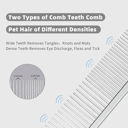Flybbwl Stainless Steel Dog Comb - Cat Combs with Rounded Ends Teeth - Professional Metal Pet Grooming Removes Tangles Knots for Dogs Cats 7.6IN/1.42IN