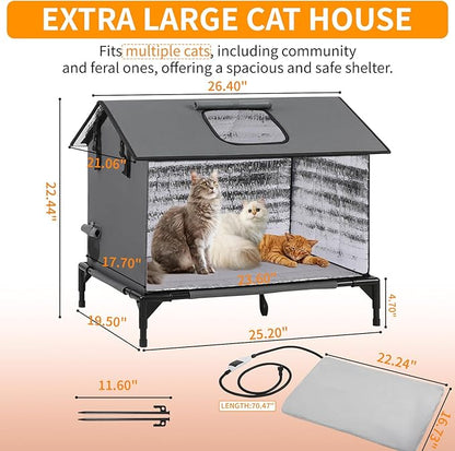 Large Heated Cat House for Outside, Weatherproof Insulated Indoor Extra Large Multi-Cat House with Adjustable Heating Pad, Escape Door & Elevated Base, Warm Shelter for Feral Stray Barn Cats