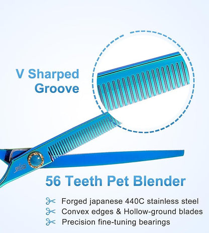 Stjuo 7.5'' Dog Thinning Scissors for Grooming 440C Stainless Steel Green Professional Pet Trimming Scissors Sharp Blades Cutting for Dogs and Cats Shears