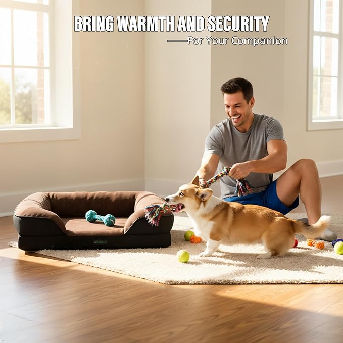 Orthopedic Egg-Shaped Sponge Dog Bed Medium Size Dog with Sides, Removable Cover and Non-Slip Bottom (Brown, 28 * 23 * 6)