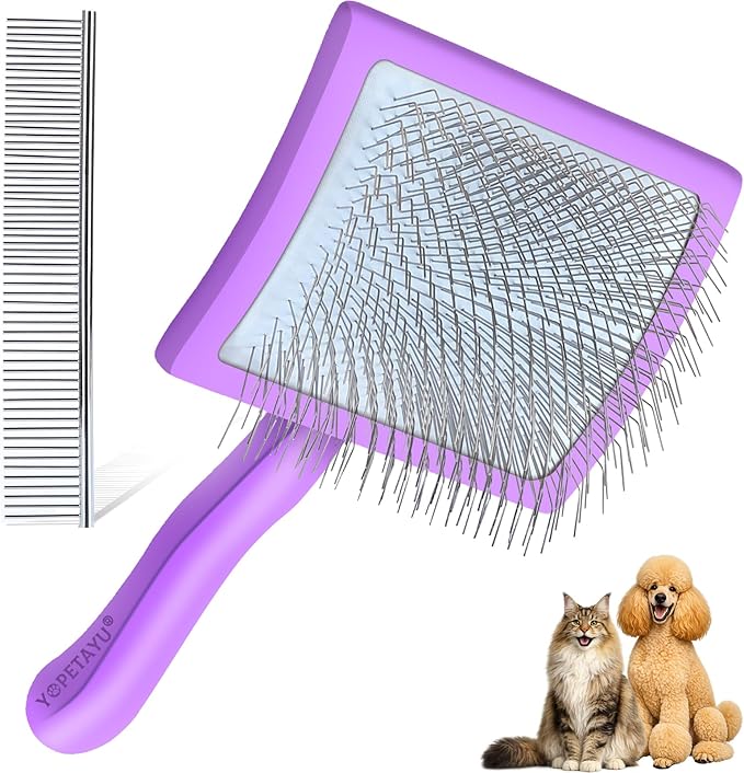 Dog Slicker Brush & Stainless Steel Comb Set for Shedding & Grooming Medium & Large Long or Thick Coated Dogs, Doodles & Cats, 1 Inch Pin Slicker Brush with Ergonomic Wooden Handle, Purple