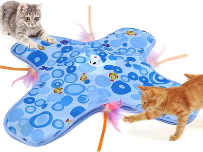 DFQ Interactive Cat Toy for Indoor Cats, Rechargeable Touch-Activated Moving Feather Wand with Concealed Motion, Play Toy for Kittens and Adult Cats (Blue)