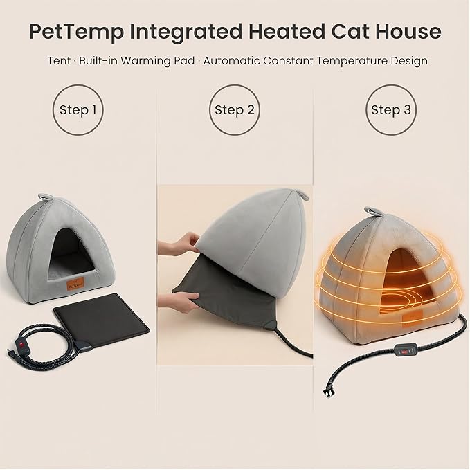 Heated Cat Bed for Indoor Cats, 2-in-1 Heated Cat Cave & Cuddler Warming Bed with Built-in 22W Heating Pad, Machine Washable Thermo-Pet Nest Furniture for Small to Medium Cats 17.3 X 17.3 in