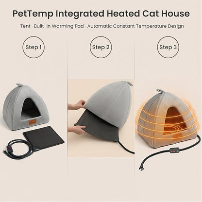 Heated Cat Bed for Indoor Cats, 2-in-1 Heated Cat Cave & Cuddler Warming Bed with Built-in 22W Heating Pad, Machine Washable Thermo-Pet Nest Furniture for Small to Medium Cats 17.3 X 17.3 in