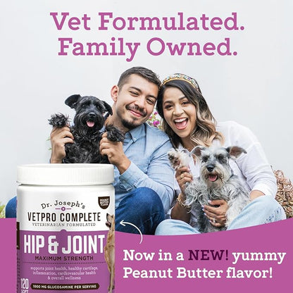 Dr. Joseph's VetPro Complete Dog Hip & Joint Supplement for Arthritis Pain Relief – High-Strength Glucosamine & Chondroitin Chews for Senior Dogs – Vet Formulated, Peanut Butter Flavor, 60 Ct