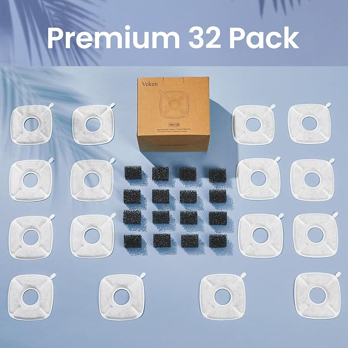 Veken Cat Water Fountain Filter, Classic 16 Pack Replacement Filters & 16 Pack Replacement Pre-Filter Sponges for 50oz, 84oz, 95oz or 108oz Automatic Pet Fountain Dog Water Dispenser