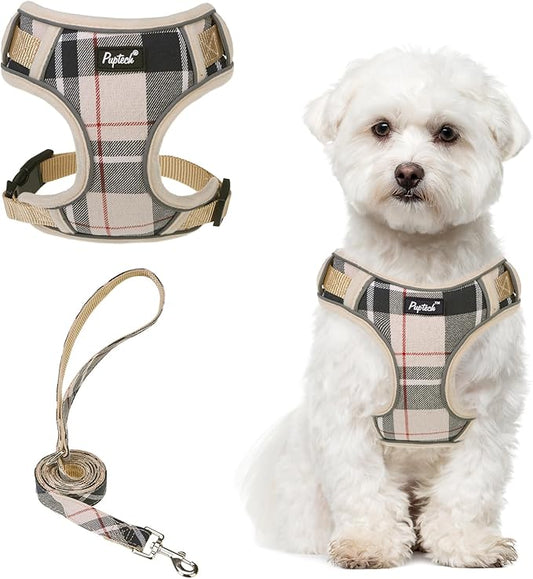 PUPTECK Small Dog Harness and Leash Set, No Pull Adjustable Puppy Cat Harness, Reflective Soft Mesh Pet Vest Small Sized, Beige, M