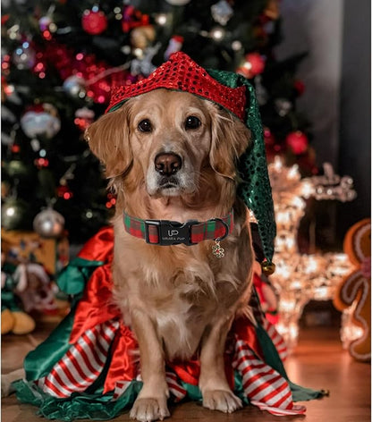 Christmas Dog Collar, Red and Green Plaid Adjustable Pet Collar with Snowflake Charm, Holiday Dog Accessories for Small Medium Large Dogs