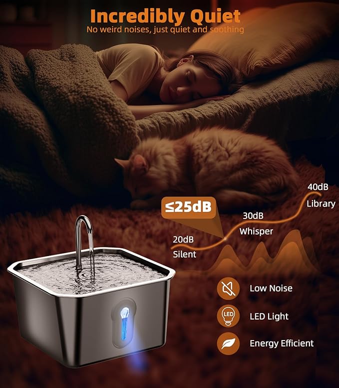 UPAWPIA 4L/135oz Large Cat Water Fountain Stainless Steel with 8 Filters Pet Water Fountain for Cats Quiet Indoor Pets Dog Small Animal Automatic Dog Water Dispenser for Drinking Watering Supplies