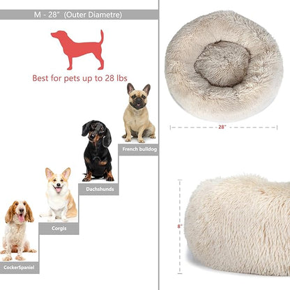Calming Donut Dogs Beds for Small Dogs Washable,28inch Plush Round Pet Bed for Cozy Sleep,Fluffy Faux Fur Large Cat Bed,Fits up to 30 lbs Pets,Beige