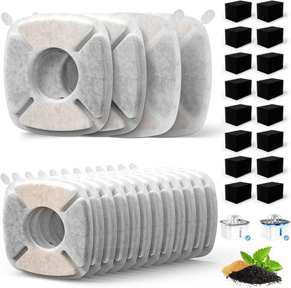 Cat Water Fountain Filter Pet Drinking Fountain Filter, Compatible with 67/95/135/85oz Automatic Pet Dispenser, Triple Filtration Dog Fountain Filter, 16 Pack (16 Carbon Filters+16 Sponge Filters)