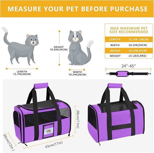 SECLATO Cat Carrier Pet Carriers Airline Approved for Small Dogs Kitten Carrier for Small Medium Animals Under 15lb, Collapsible Soft Sided Travel Carrier, Purple