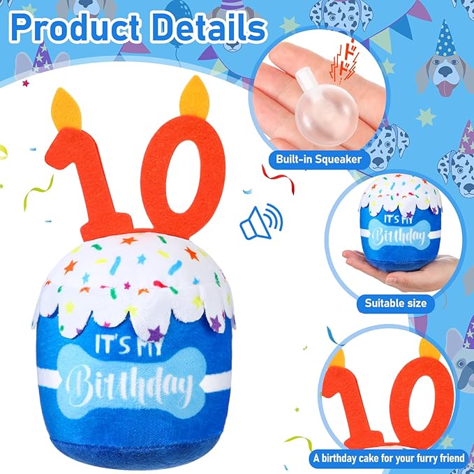 Dog Birthday Cake Toy Accessories for Girl Boy Gifts, Squeaky Plush Toy for Dog Birthday Party Decor Favor for Large, Medium and Small Dogs(10th,Blue)