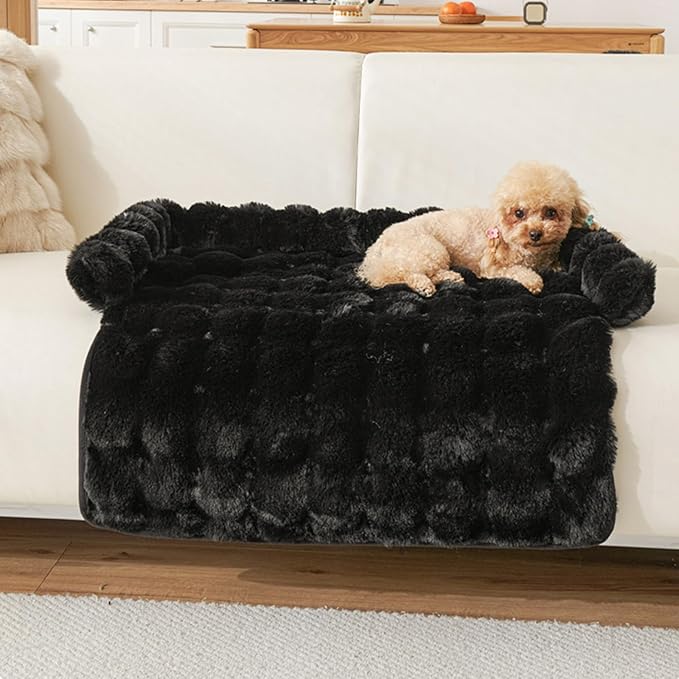 Calming Dog Bed for Couch, 29.5 x 29.5 inch, Non-Slip Rabbit-Velvet Dog Sofa Mat for Furniture Protector, Perfect for Small, Medium Dogs and Cats (Black)