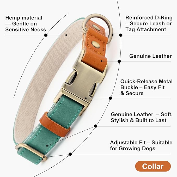 Plutus Pet Genuine Leather & Hemp Dog Collar – Adjustable Heavy Duty Pet Collar with Quick Release Metal Buckle, Soft & Stylish for Puppy and Small, Medium, Large Dogs (Green, S)