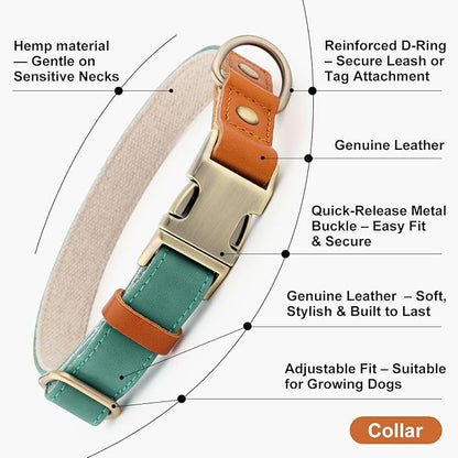 Plutus Pet Genuine Leather & Hemp Dog Collar – Adjustable Heavy Duty Pet Collar with Quick Release Metal Buckle, Soft & Stylish for Puppy and Small, Medium, Large Dogs (Green, S)