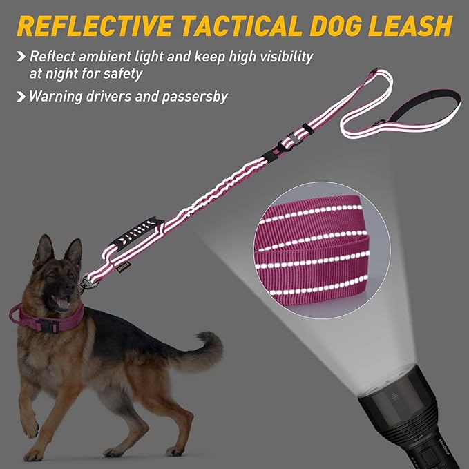 AUBELL Tactical Dog Leash Heavy Duty,4-6ft Reflective Strong No Pull Bungee Leash for Medium Large Dogs with Comfortable Padded Double Handle,Car Seat Belt,360 Degree Rotating Carabiner,Pink