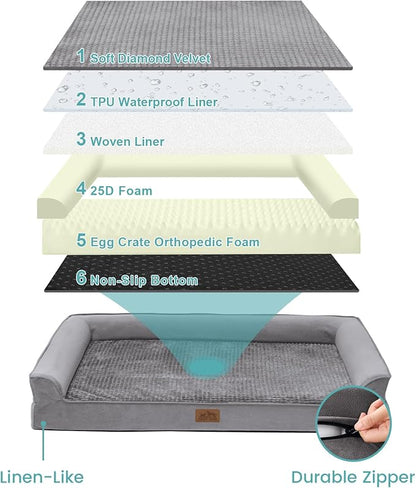 COZY KISS Orthopedic Dog Beds for Large Sized Dog, XL Bolster Pet Couch with Waterproof Lining, Egg Crate Foam Sofa for Pets Up to 100 lbs, U-Shaped, 44x32x7 inch, Grey