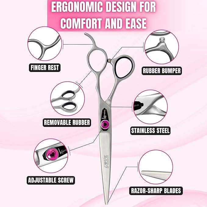 Kenchii Love Dog Grooming Scissors, Dog Scissors for Grooming, Professional Pet Grooming Scissors, Ergonomic & Comfortable (7.0" Curved)